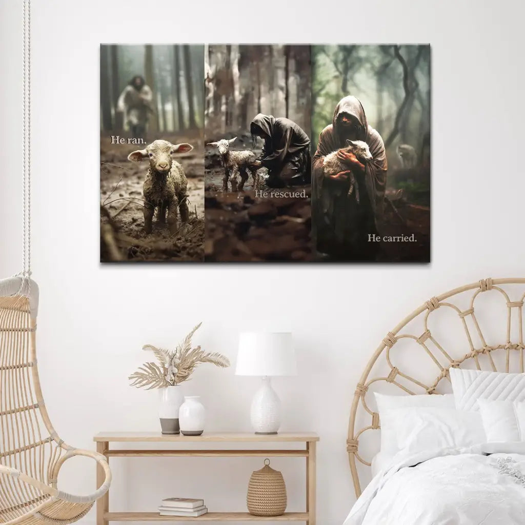 Inspirational canvas print with Jesus rescuing a lost sheep and the message &quot;He Ran He Rescued He Carried,&quot; ideal Christian wall art.