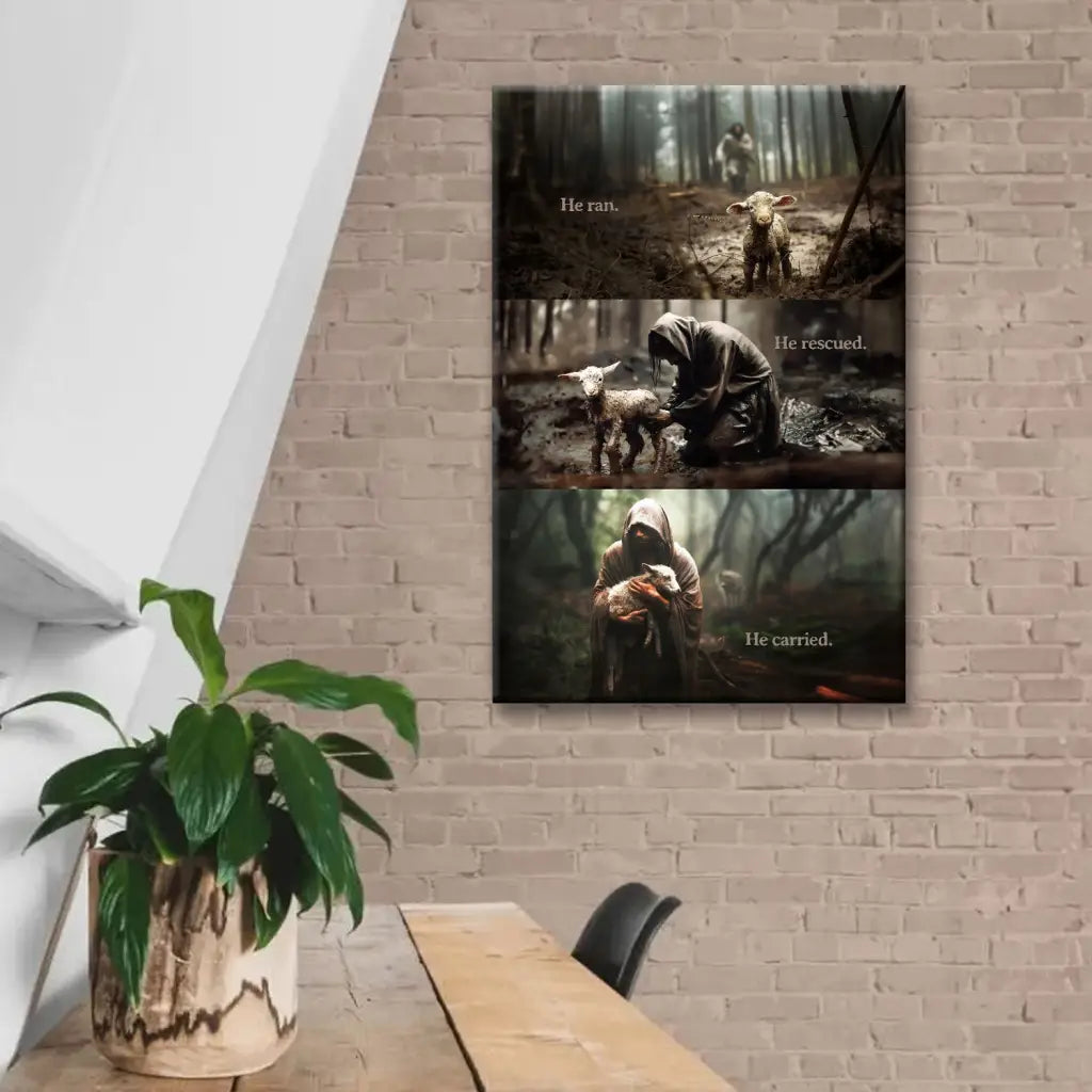 Religious wall art canvas with Jesus and a lost sheep, &quot;He Ran He Rescued He Carried,&quot; perfect for faith-filled home decor.