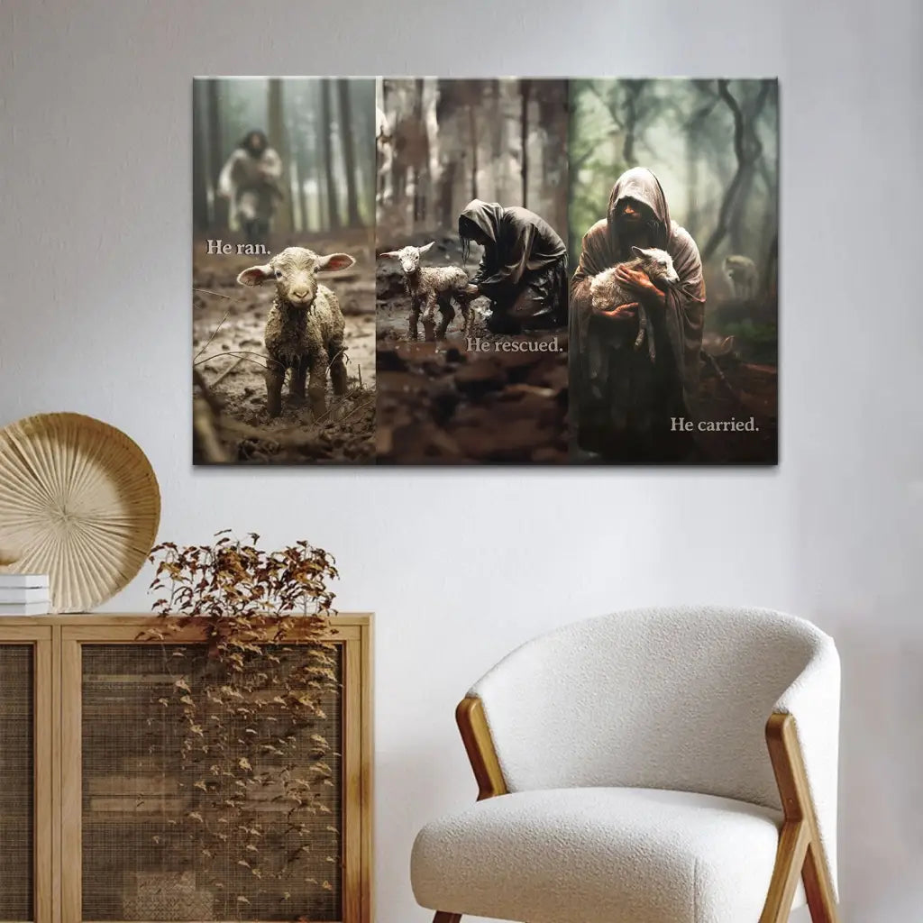 Faith-based wall art with Jesus saving a lost sheep, "He Ran He Rescued He Carried," great religious decor for Christian homes.