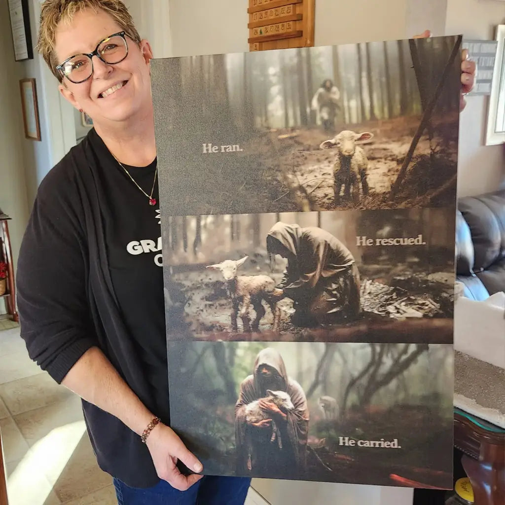 Inspirational wall art canvas print with Jesus carrying a lost sheep and the message &quot;He Ran He Rescued He Carried,&quot; ideal Christian wall art.