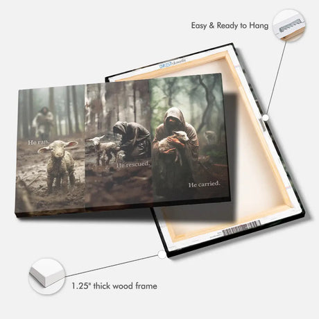 He Ran He Rescued He Carried Jesus and Lost Sheep Wall Art Canvas