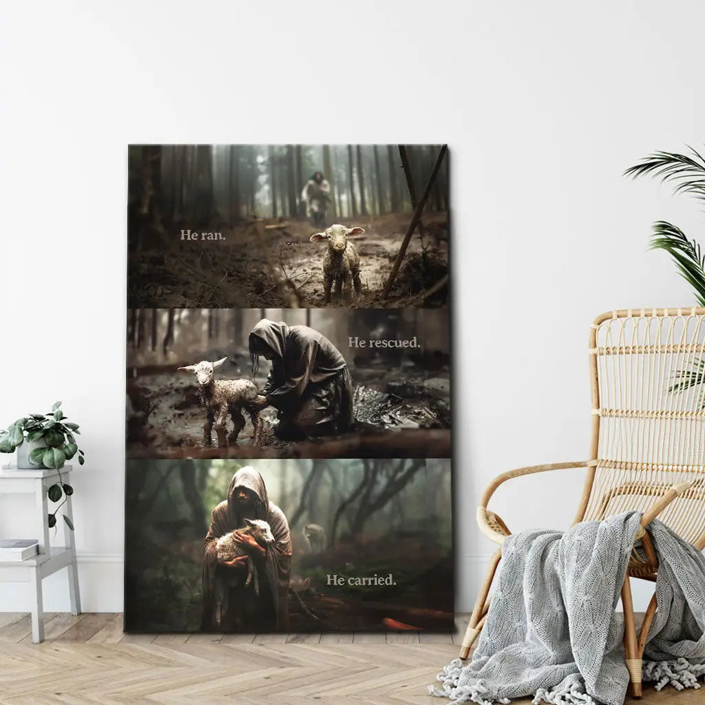 Christian wall art featuring &quot;He Ran He Rescued He Carried&quot; with Jesus and a lost sheep, perfect faith-based home decor.