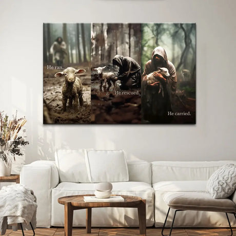 Christian wall art featuring "He Ran He Rescued He Carried" with Jesus carrying a lost sheep, perfect faith-based home decor / Landscape