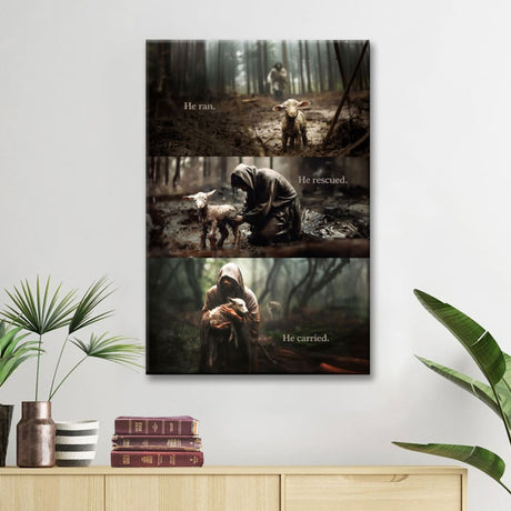 Faith-based wall art showing Jesus rescuing and carrying a lost sheep, "He Ran He Rescued He Carried," great for Christian homes.