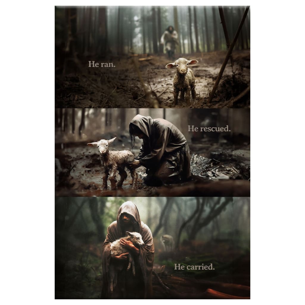 Parable of the Lost Sheep, He Ran He Rescued He Carried Wall Art Canvas ...