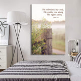 "He Refreshes My Soul He Guides Me Along The Right Paths" canvas wall art, featuring Psalm 23:3, perfect Bible verse decor.