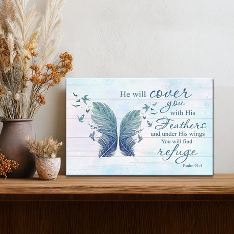 Inspirational Christian canvas with feathers and Bible verse, faith and religion décor for any room.