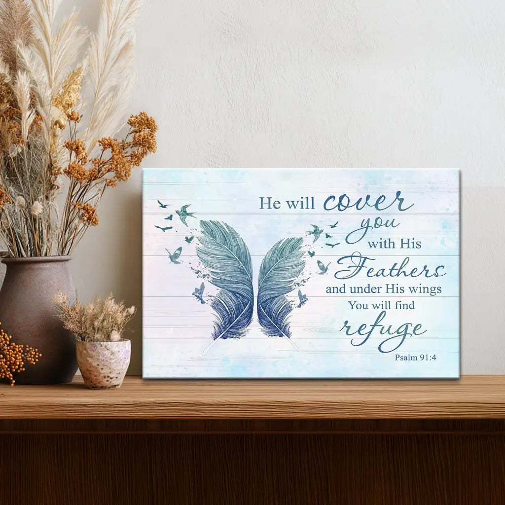 Inspirational Christian canvas with feathers and Bible verse, faith and religion décor for any room.