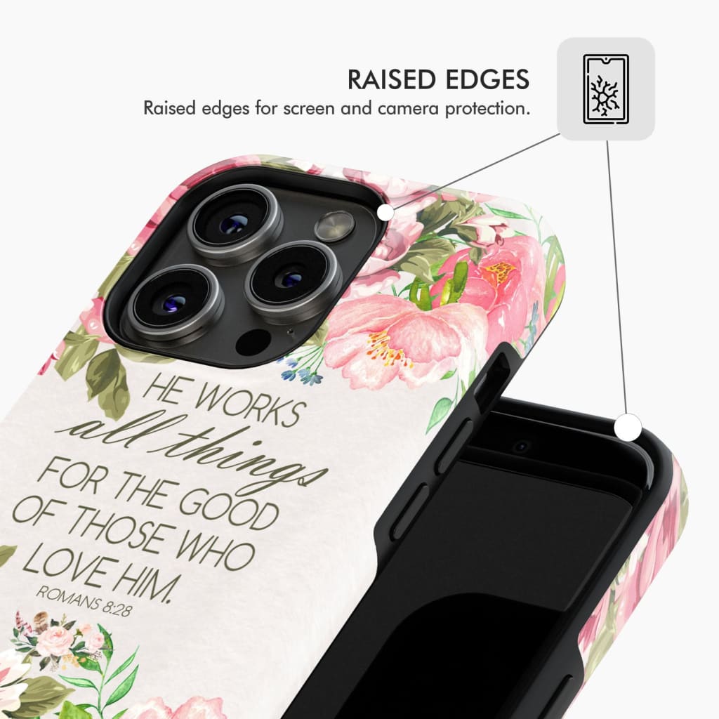 He works all things for good Romans 8:28 Bible verse phone case