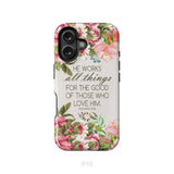 He works all things for good Romans 8:28 Bible verse phone case iPhone 16 / Tough Case