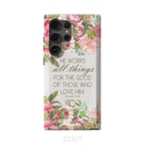 He works all things for good Romans 8:28 Bible verse phone case Samsung Galaxy S23 Ultra / Tough