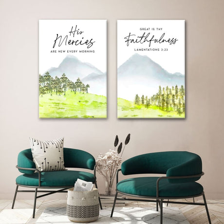 Christian 2-panel canvas wall art with Lamentations 3:23, "His mercies are new every morning, great is Thy faithfulness," perfect for inspiring home decor.