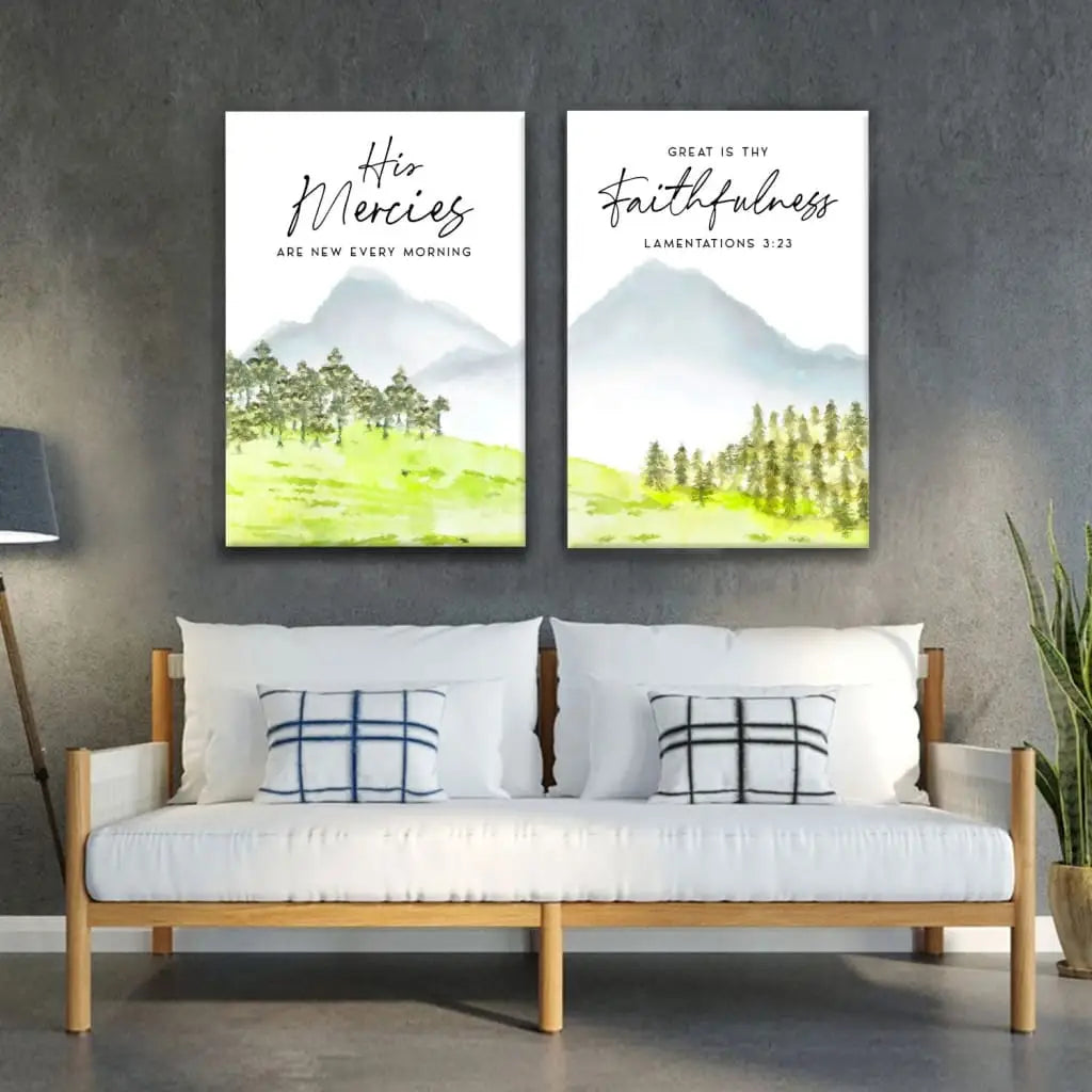 Inspirational Bible verse wall decor featuring Lamentations 3:23, "His mercies are new every morning," a beautiful Christian gift.