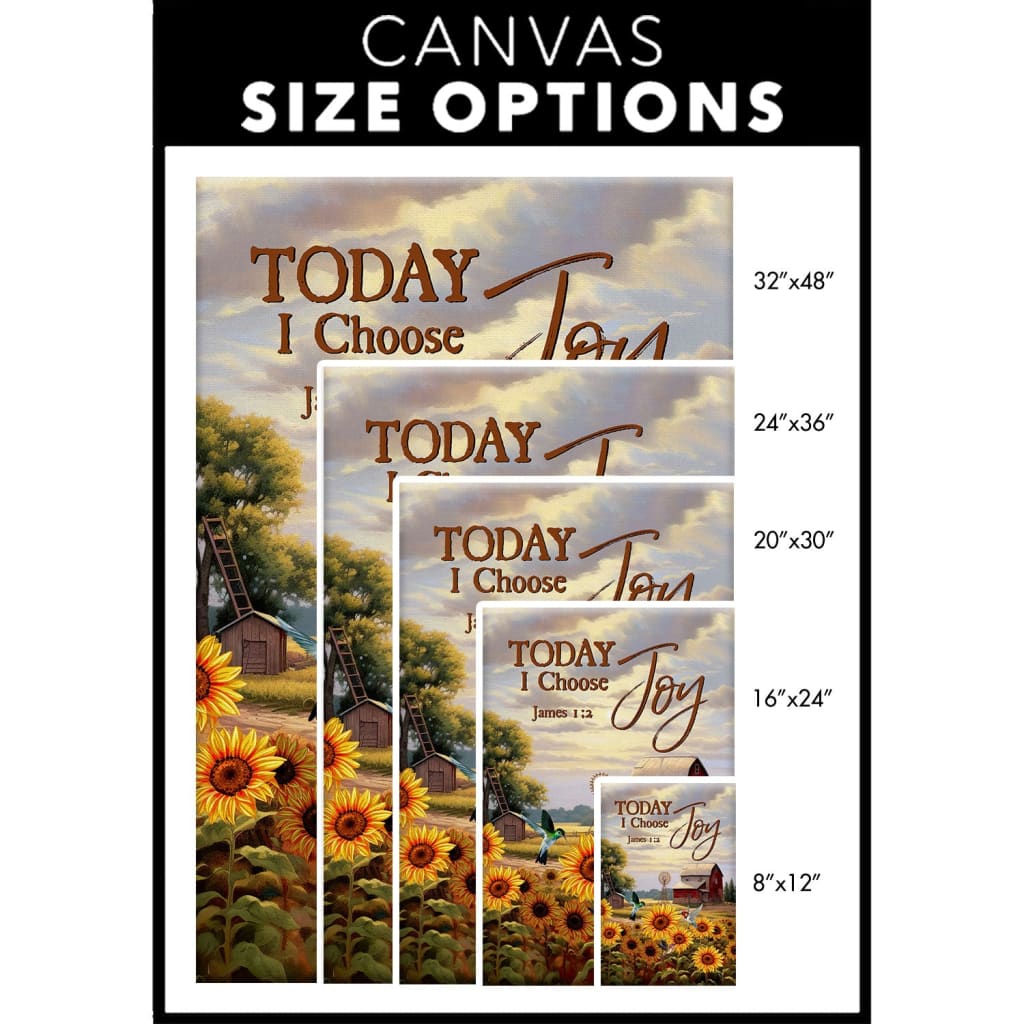 Christian wall art canvas illustrating "Today I Choose Joy" from James 1:2, set in a serene American farm setting, great for Christian spaces.
