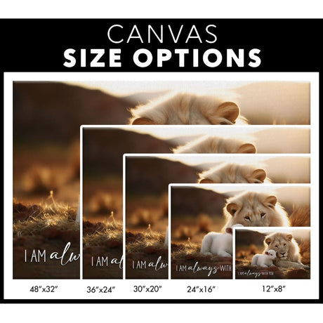 Christian canvas print featuring "I Am Always With You" with a lion and lamb, ideal inspirational wall art for believers / size options.
