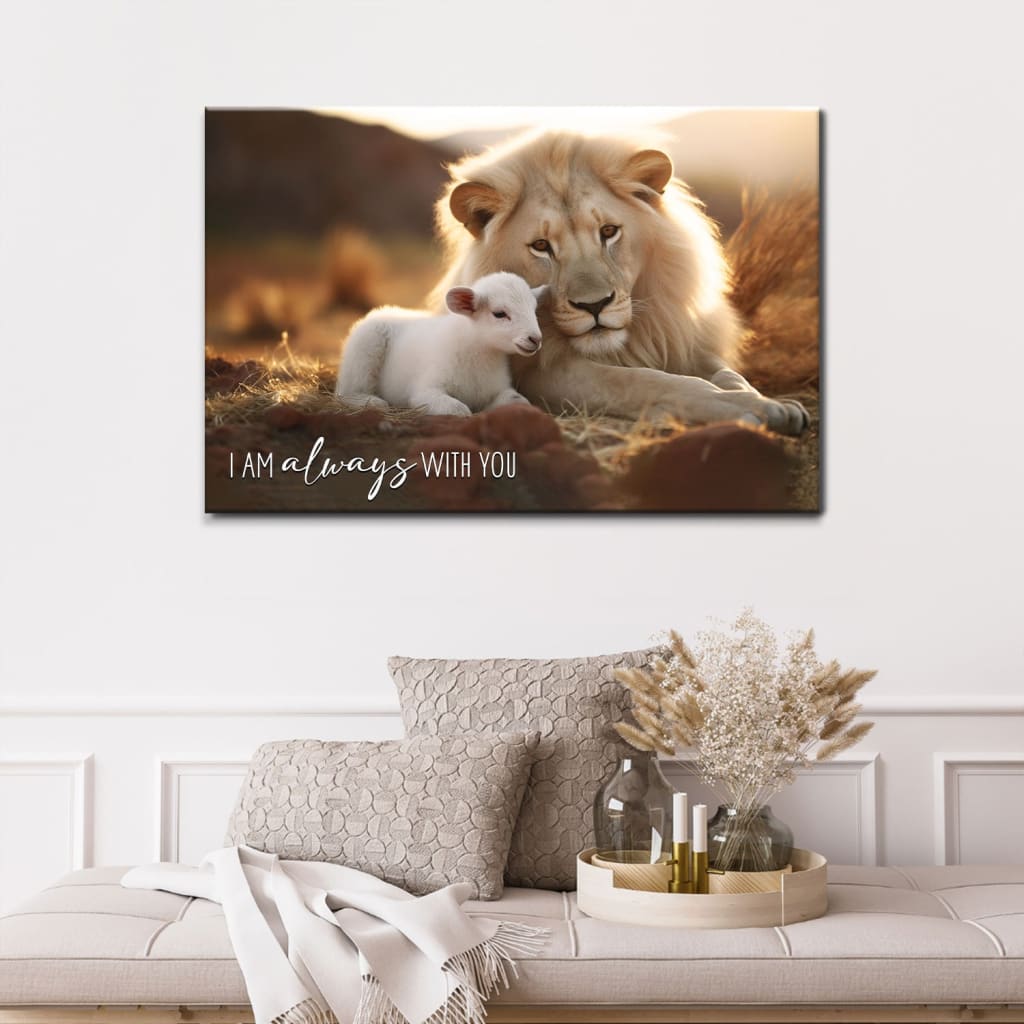Christian canvas wall art featuring "I Am Always With You" with a Lion and Lamb, perfect faith-based home decor.