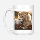 Faith-based coffee mug displaying "I Am Always With You" with a lion and lamb in a field, great religious decor for Christian coffee lovers.