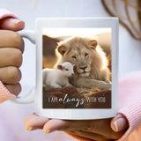 Christian coffee mug featuring "I Am Always With You" with a lion and lamb sitting in a serene field, ideal inspirational gift for believers / White.