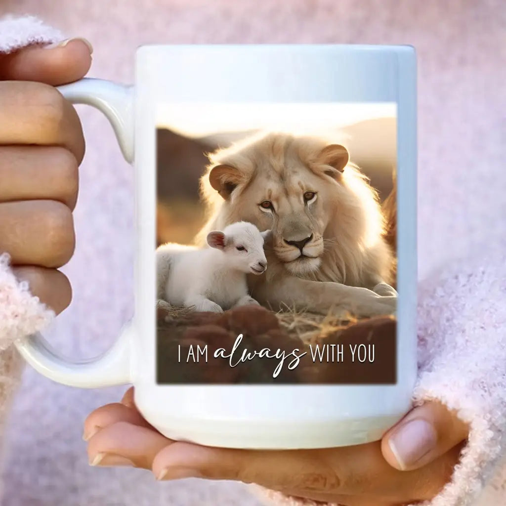 Christian coffee mug featuring &quot;I Am Always With You&quot; with a lion and lamb sitting in a field, perfect faith-based decor for home or office / White.