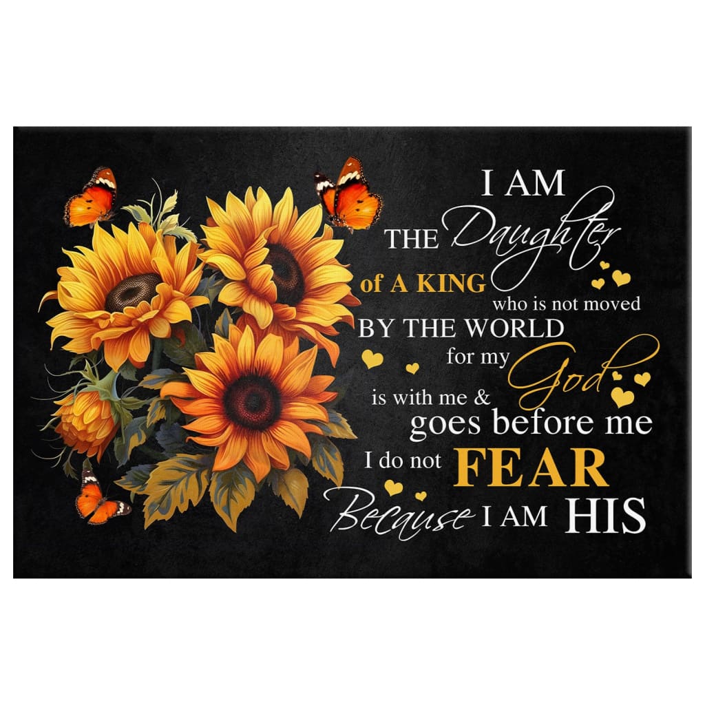 Inspirational canvas print with "I Am the Daughter of a King," butterfly and sunflower, ideal Christian gift for believers.