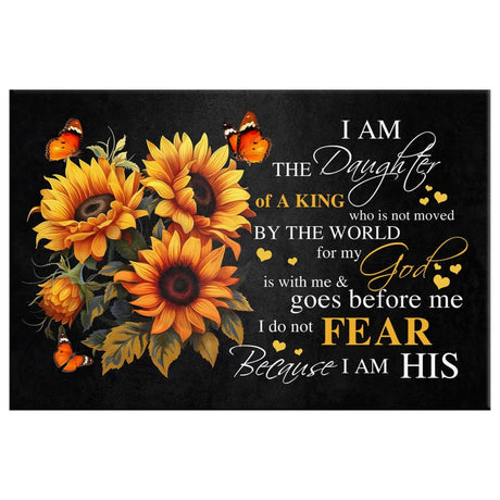 Inspirational canvas print with "I Am the Daughter of a King," butterfly and sunflower, ideal Christian gift for believers.