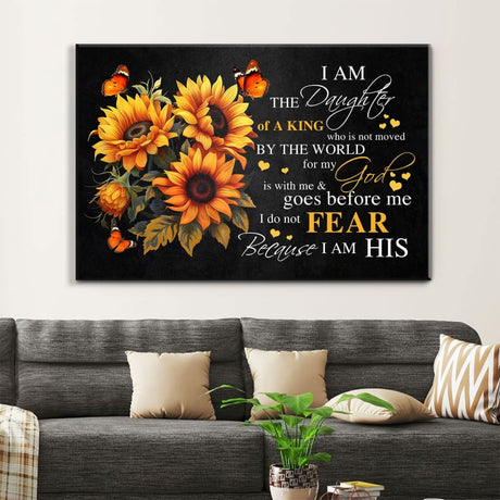 Christian wall art featuring "I Am the Daughter of a King" with butterfly and sunflower, perfect faith-based home decor.