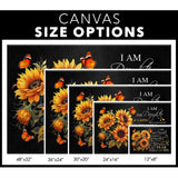 Christian canvas print featuring "I Am the Daughter of a King," butterfly and sunflower, ideal inspirational wall art for homes - Canvas options