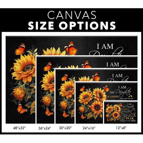 Christian canvas print featuring "I Am the Daughter of a King," butterfly and sunflower, ideal inspirational wall art for homes - Canvas options