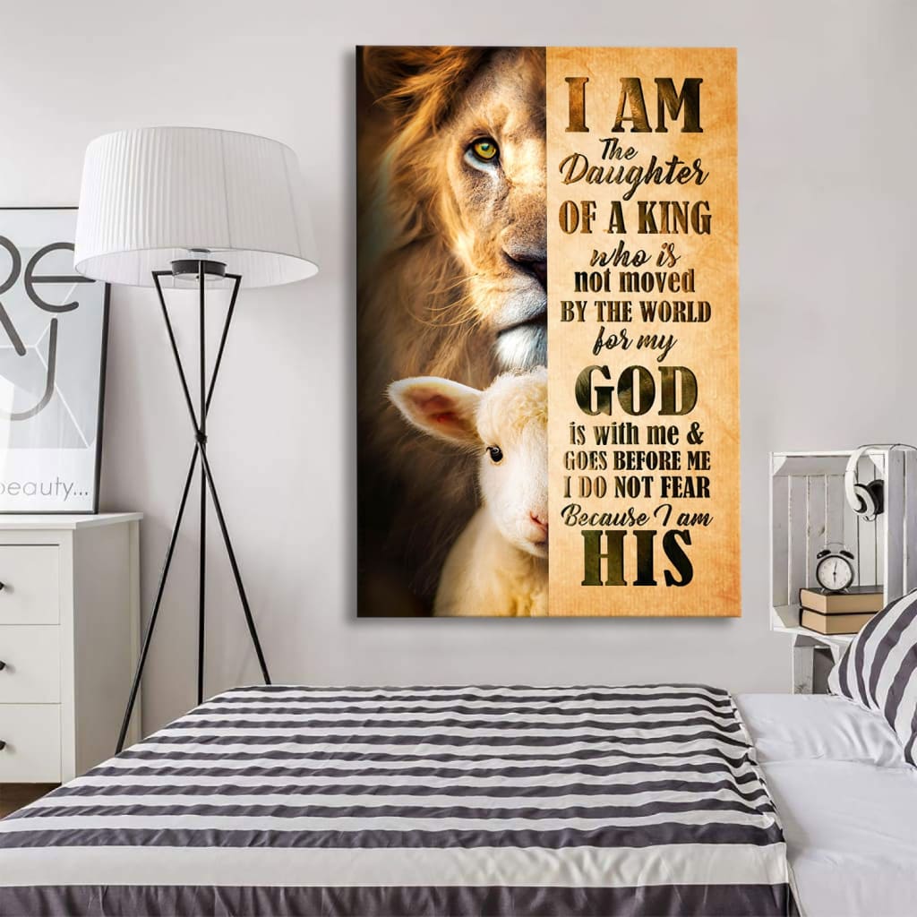 Inspirational canvas print with "I Am The Daughter Of a King," Lamb of God, and Lion of Judah, ideal Christian gift.