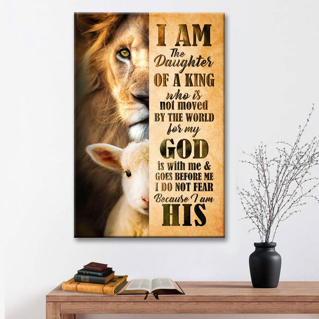 Christian wall art featuring "I Am The Daughter Of a King" with Lamb of God and Lion of Judah, perfect faith-based home decor.