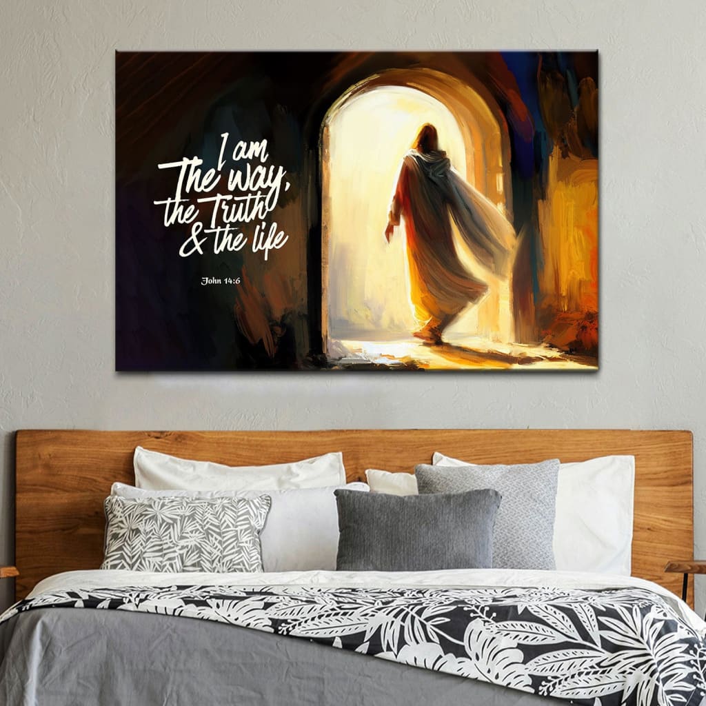 Jesus Artwork with John 14:6 Bible verse and Jesus' tomb, "I Am The Way The Truth And The Life," ideal Christian  canvas wall art for homes.
