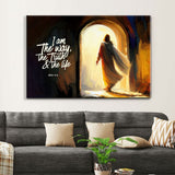 Christian artwork displaying John 14:6, "I Am The Way The Truth And The Life," with an image of Jesus' tomb, great religious decor for Christian homes.