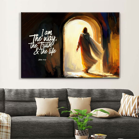 Christian artwork displaying John 14:6, "I Am The Way The Truth And The Life," with an image of Jesus' tomb, great religious decor for Christian homes.