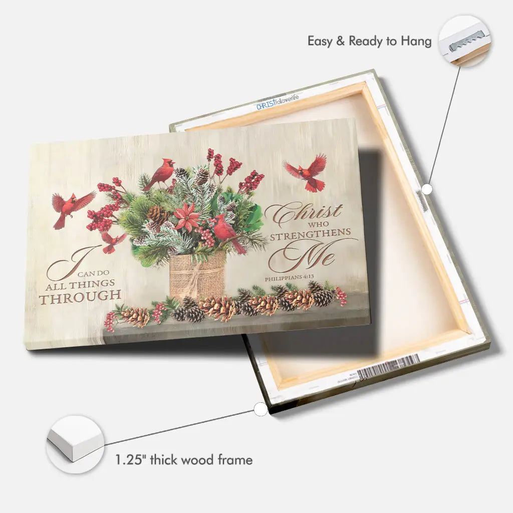 Christmas wall art featuring &quot;I Can Do All Things Through Christ&quot; with vibrant cardinals and festive greenery.