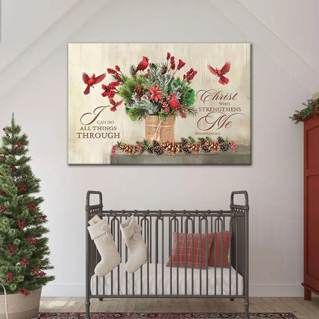 "I Can Do All Things Through Christ" wall art, decorated with red cardinals, pinecones, and greenery, perfect for Christian gifts.