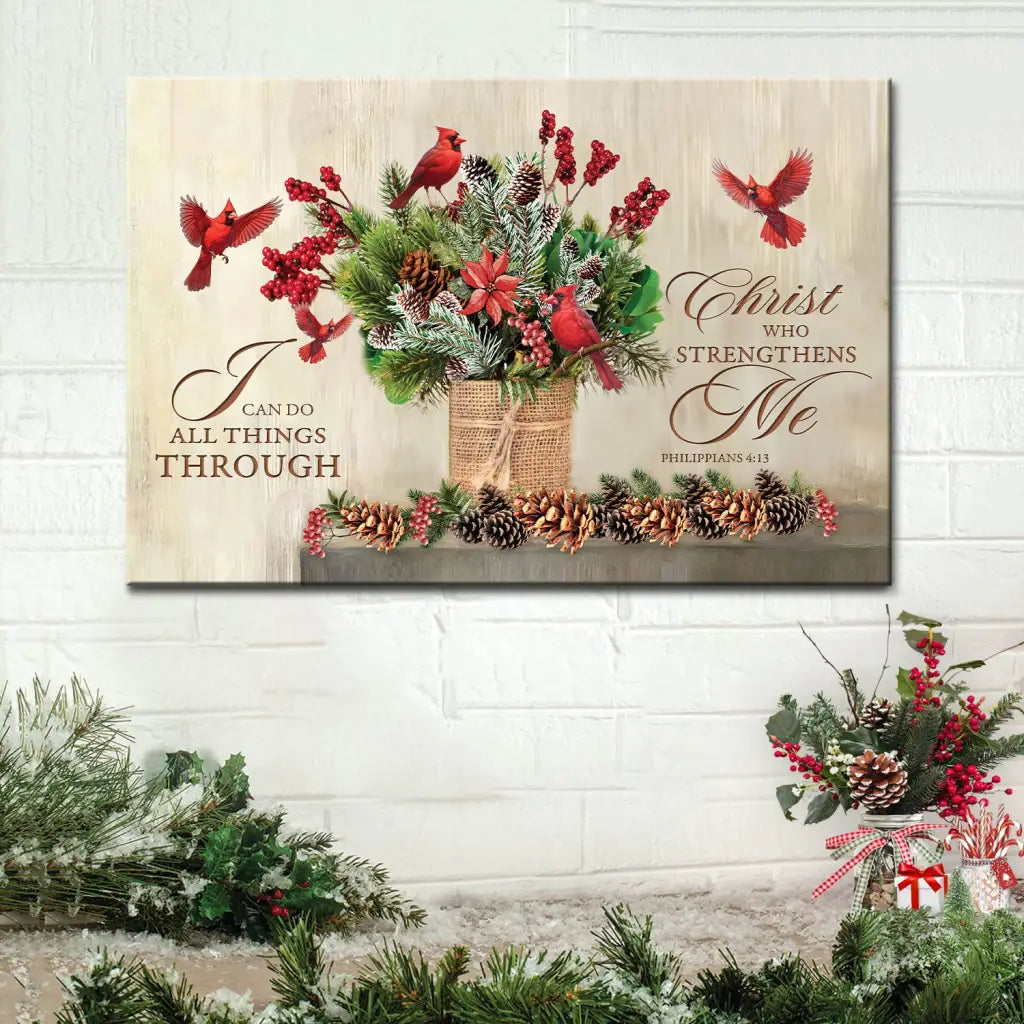 Christian Christmas wall art with &quot;I Can Do All Things Through Christ,&quot; featuring red cardinals, greenery, and pinecones.