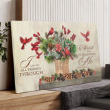 Inspirational Christmas wall art, "I Can Do All Things Through Christ," with cardinals, pinecones, and festive greenery.