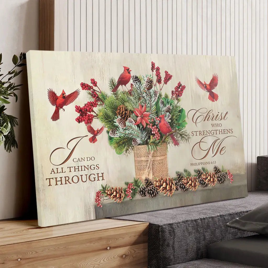 Inspirational Christmas wall art, &quot;I Can Do All Things Through Christ,&quot; with cardinals, pinecones, and festive greenery.