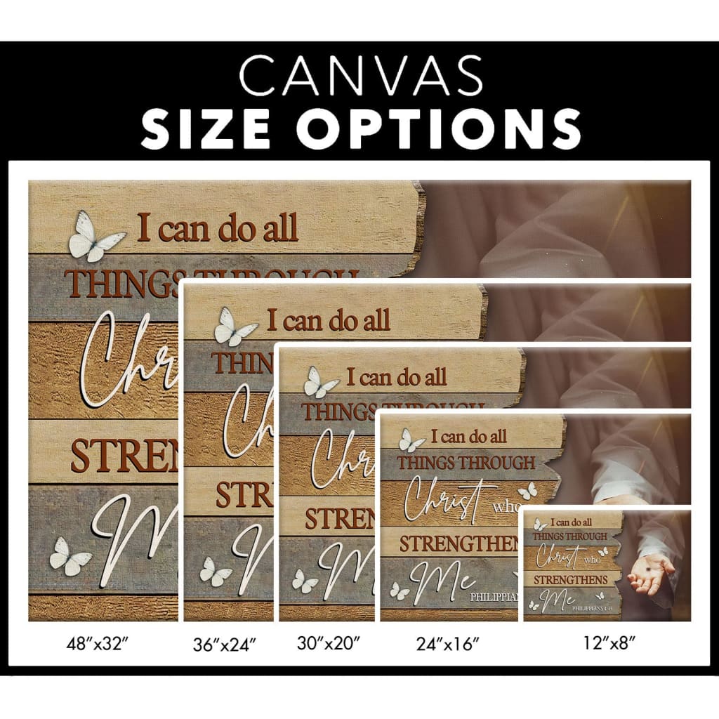 Religious wall art canvas with "I Can Do All Things Through Christ" and Jesus reaching out His hand, perfect for faith-filled home decor / size options.