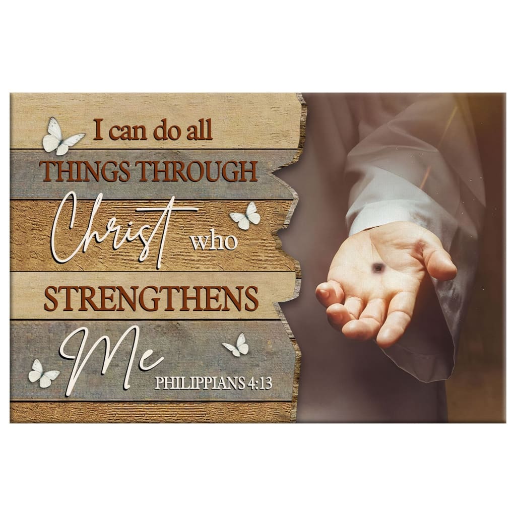 Faith-based wall art displaying "I Can Do All Things Through Christ" with Jesus' hand reaching out, great religious decor for Christian homes.