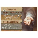 Faith-based wall art displaying "I Can Do All Things Through Christ" with Jesus' hand reaching out, great religious decor for Christian homes.
