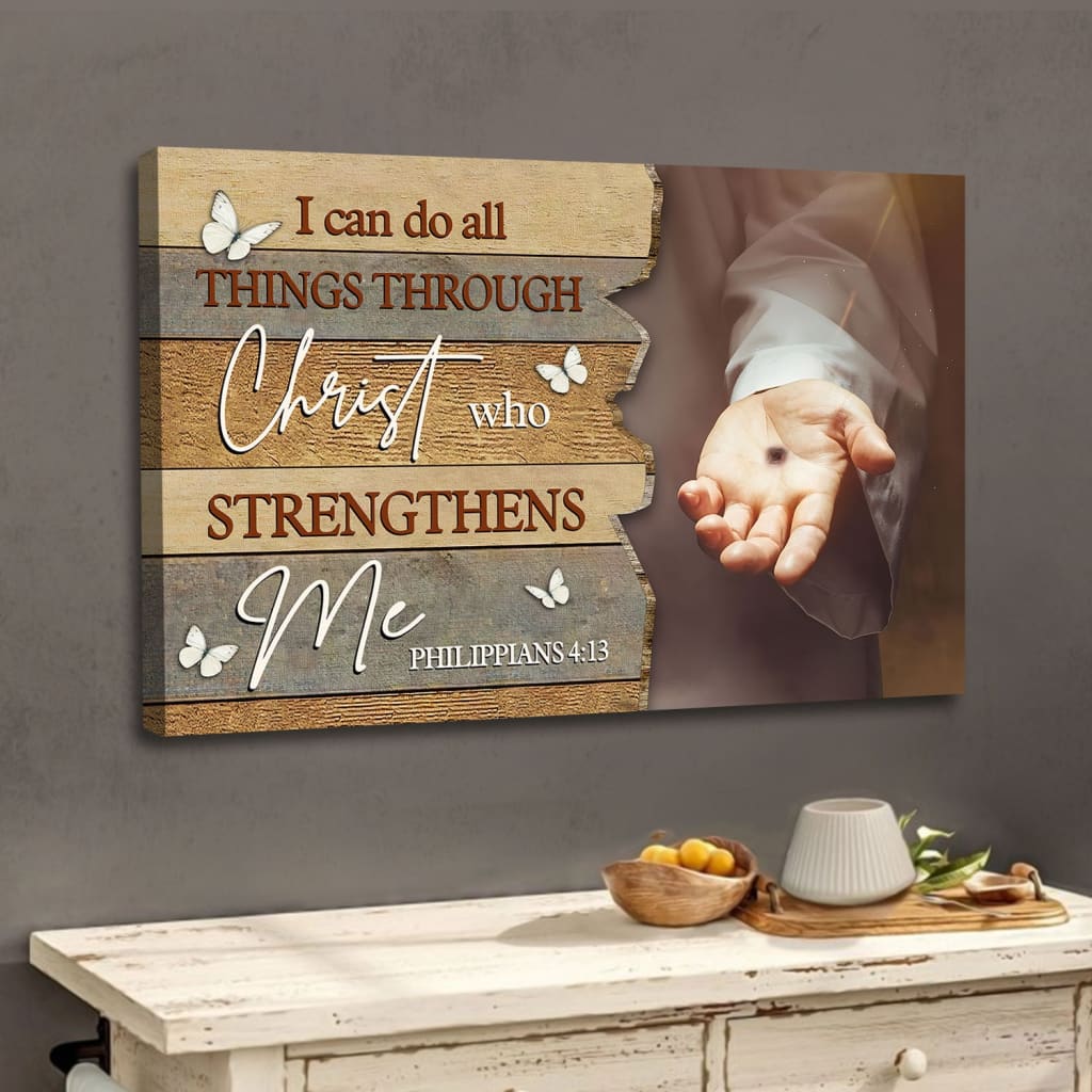 Christian wall art featuring &quot;I Can Do All Things Through Christ&quot; with Jesus reaching out His hand, perfect faith-based home decor.