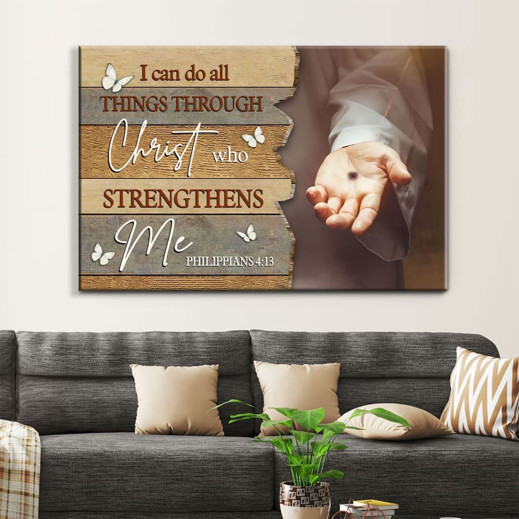 Bible verse wall art with "I Can Do All Things Through Christ" and an image of Jesus reaching out His hand, ideal Christian wall art.