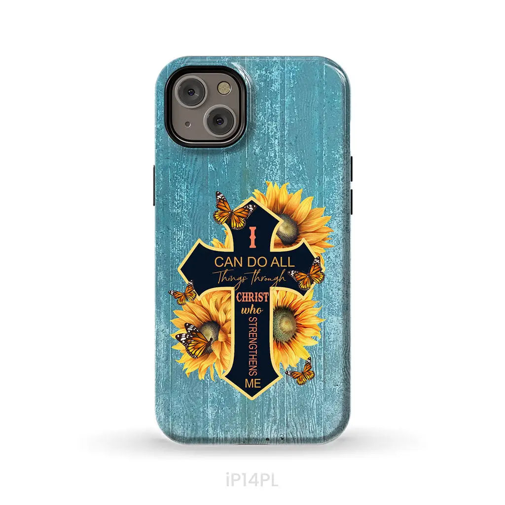 I Can Do All Things Through Christ Sunflower Butterfly Cross Phone Case iPhone 14 Plus / Tough Case