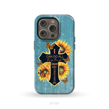 I Can Do All Things Through Christ Sunflower Butterfly Cross Phone Case iPhone 14 Pro / Tough Case