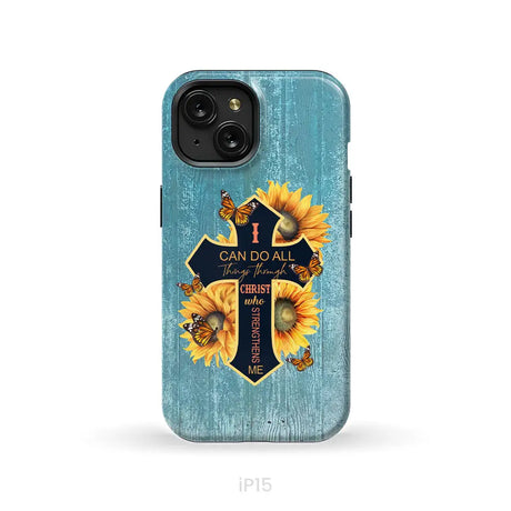 I Can Do All Things Through Christ Sunflower Butterfly Cross Phone Case iPhone 15 / Tough Case