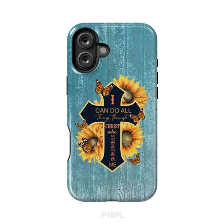 I Can Do All Things Through Christ Sunflower Butterfly Cross Phone Case iPhone 16 Plus / Tough Case