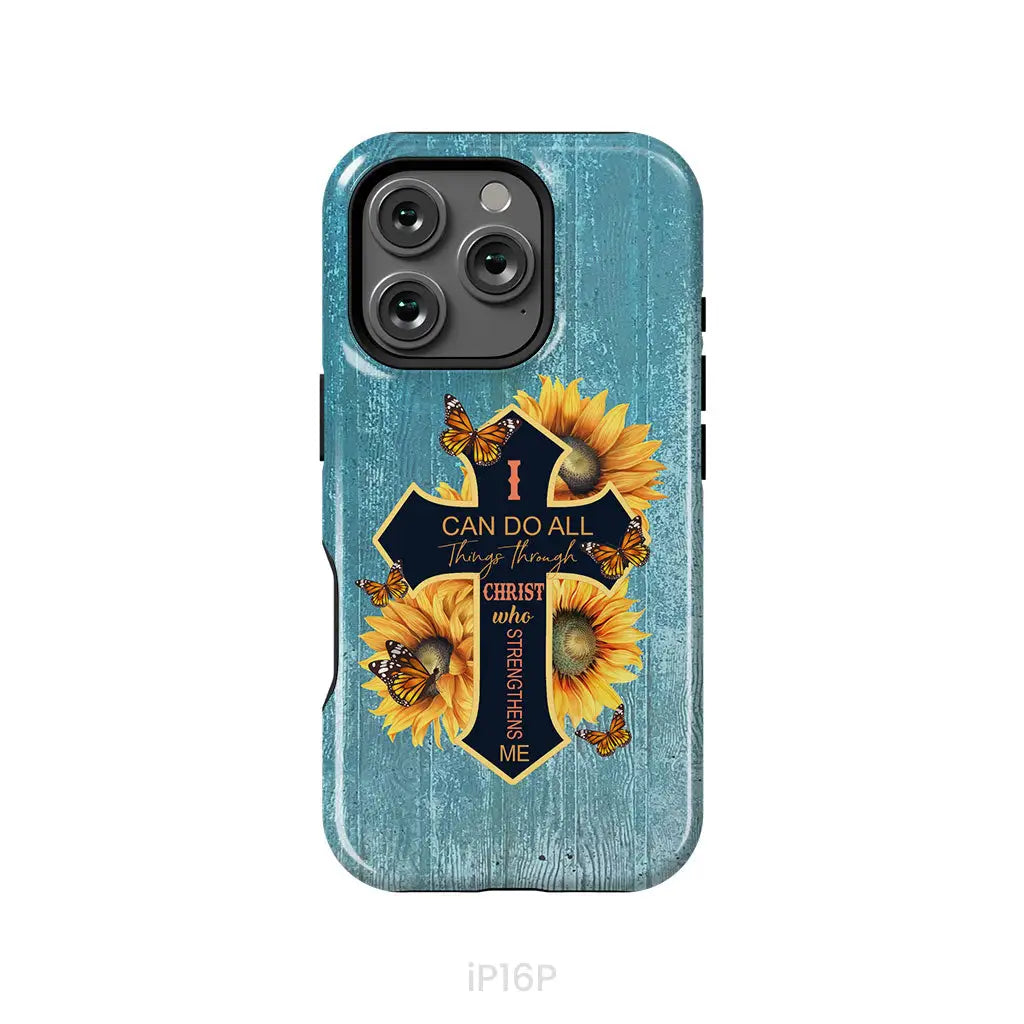 I Can Do All Things Through Christ Sunflower Butterfly Cross Phone Case iPhone 16 Pro / Tough Case