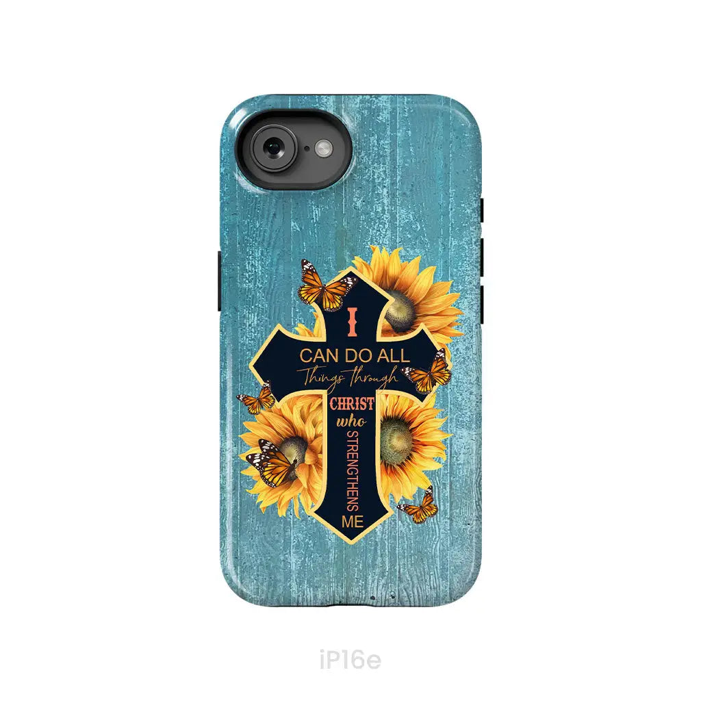 I Can Do All Things Through Christ Sunflower Butterfly Cross Phone Case iPhone 16e / Tough Case