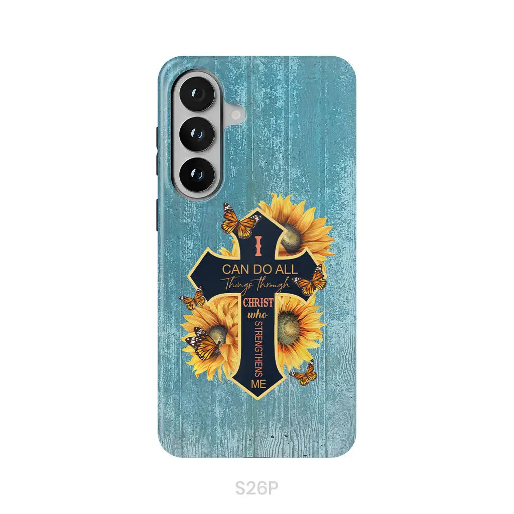 I Can Do All Things Through Christ Sunflower Butterfly Cross Phone Case Samsung Galaxy S26 Plus / Tough Case